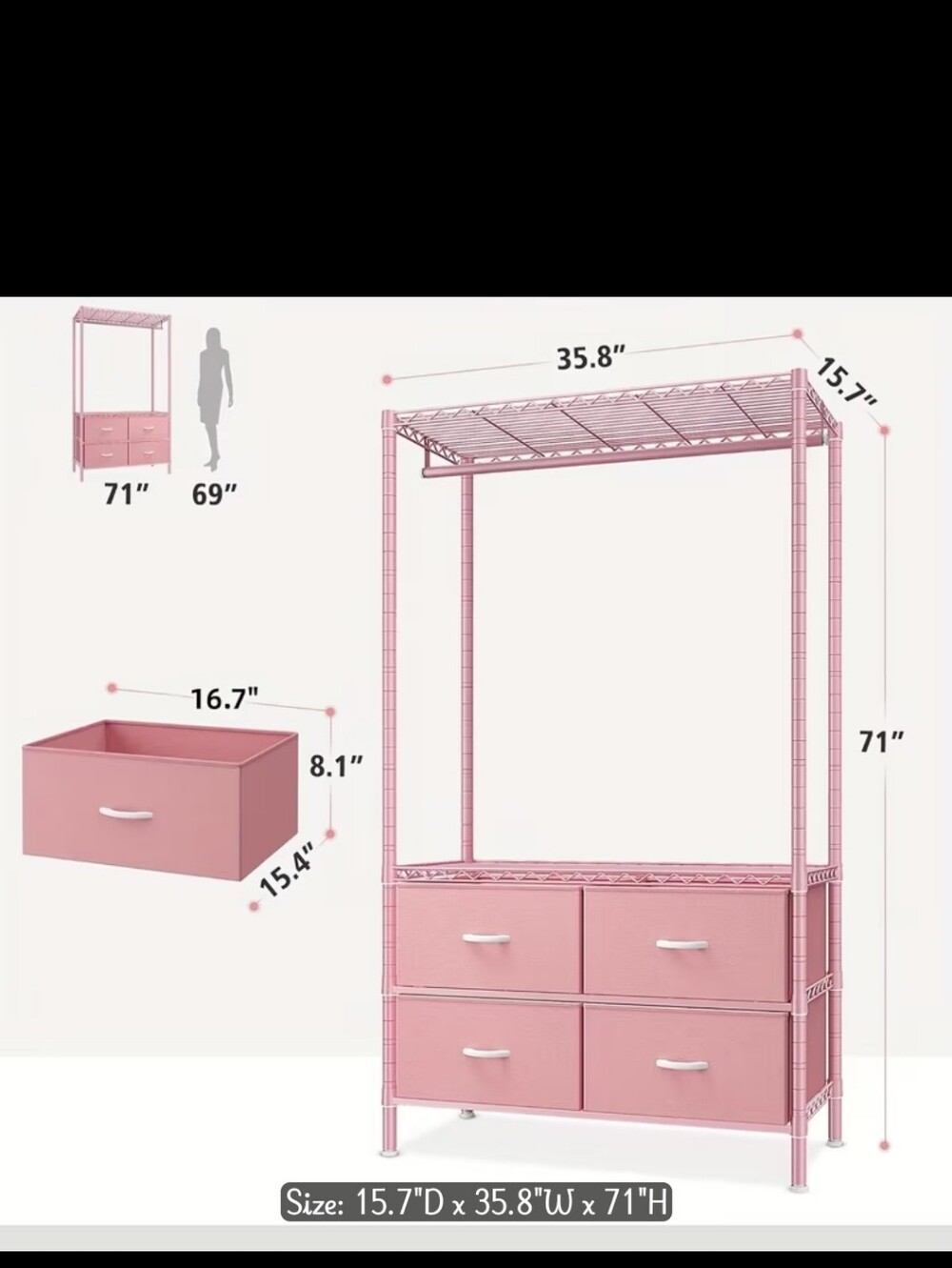 Pink Freestanding Closet Organizer with Four Fabric Drawers